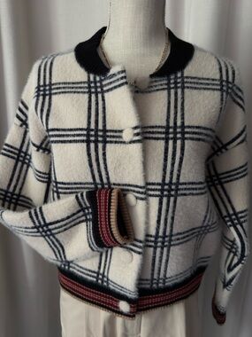 MNG Windowpane Knit Bomber Cardigan with Contrast Trim